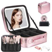 Cargar imagen en el visor de la galería, Maletín organizador de maquillaje con espejo removible con luz led
