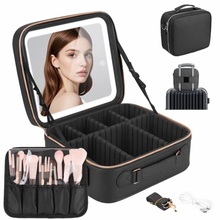 Cargar imagen en el visor de la galería, Maletín organizador de maquillaje con espejo removible con luz led
