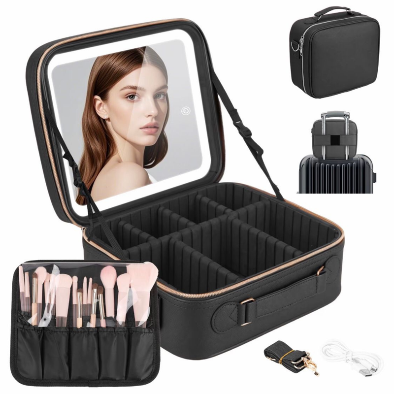 Estuche de maquillaje con espejo removible con luz led - negro